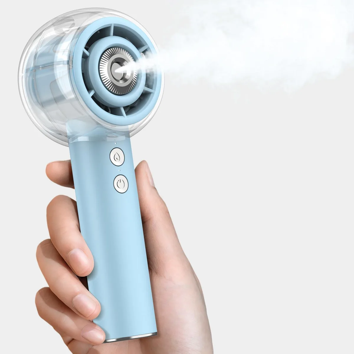 Blue handheld misting fan with silver metal finish and visible water reservoir