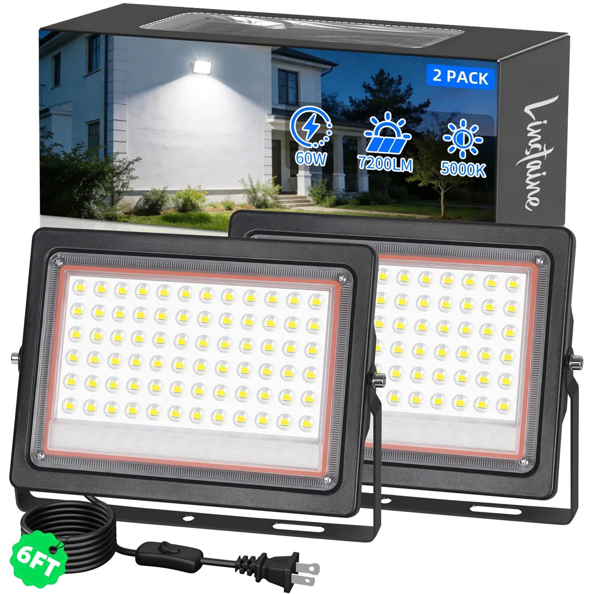 Two matte iron LED floodlights with 6ft cords and inline switches