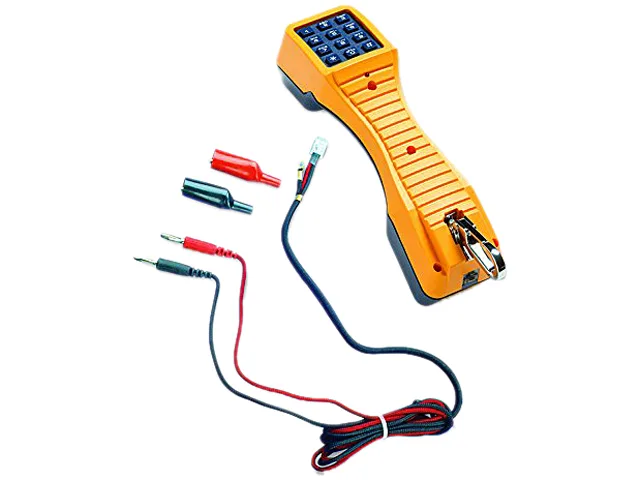 Yellow Fluke Networks TS19 telephone test set with banana jacks and alligator clips