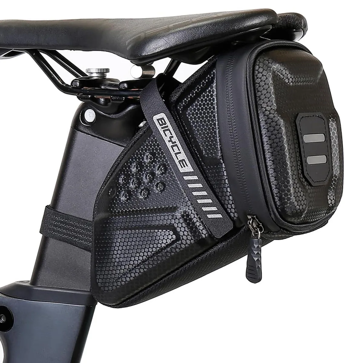 Black EVA hard-shell saddle bag with zipper, reflective strips and web handle