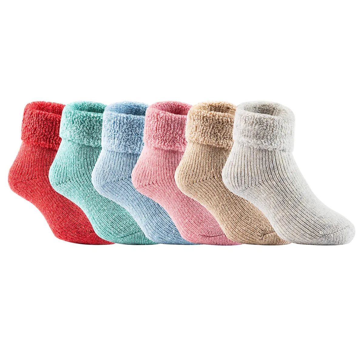 Three pairs of wool crew socks in assorted colours