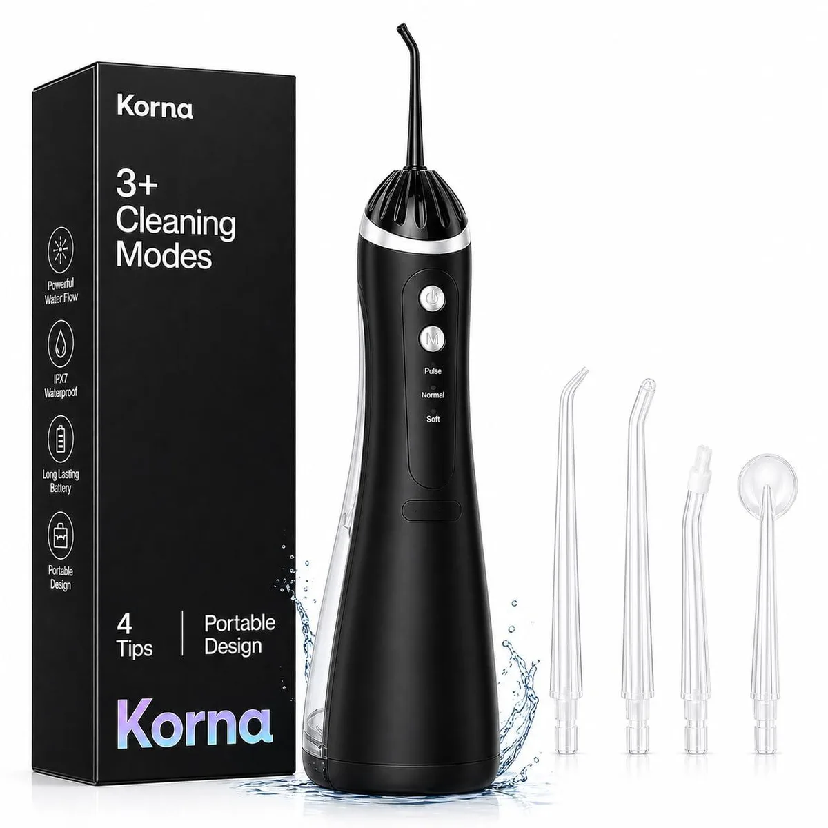 Black cordless water flosser, slim upright handle with tapered nozzle, matte ABS finish