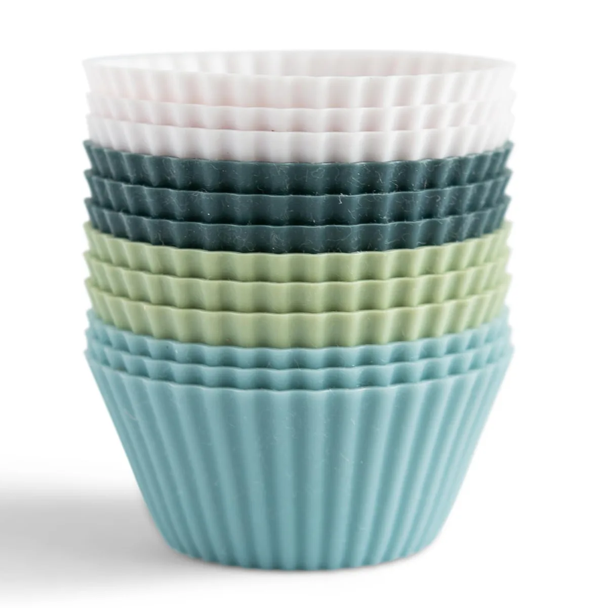 Twelve flexible silicone baking cups in navy, dusty blue, sage green and white, regular size, in a cotton mesh bag