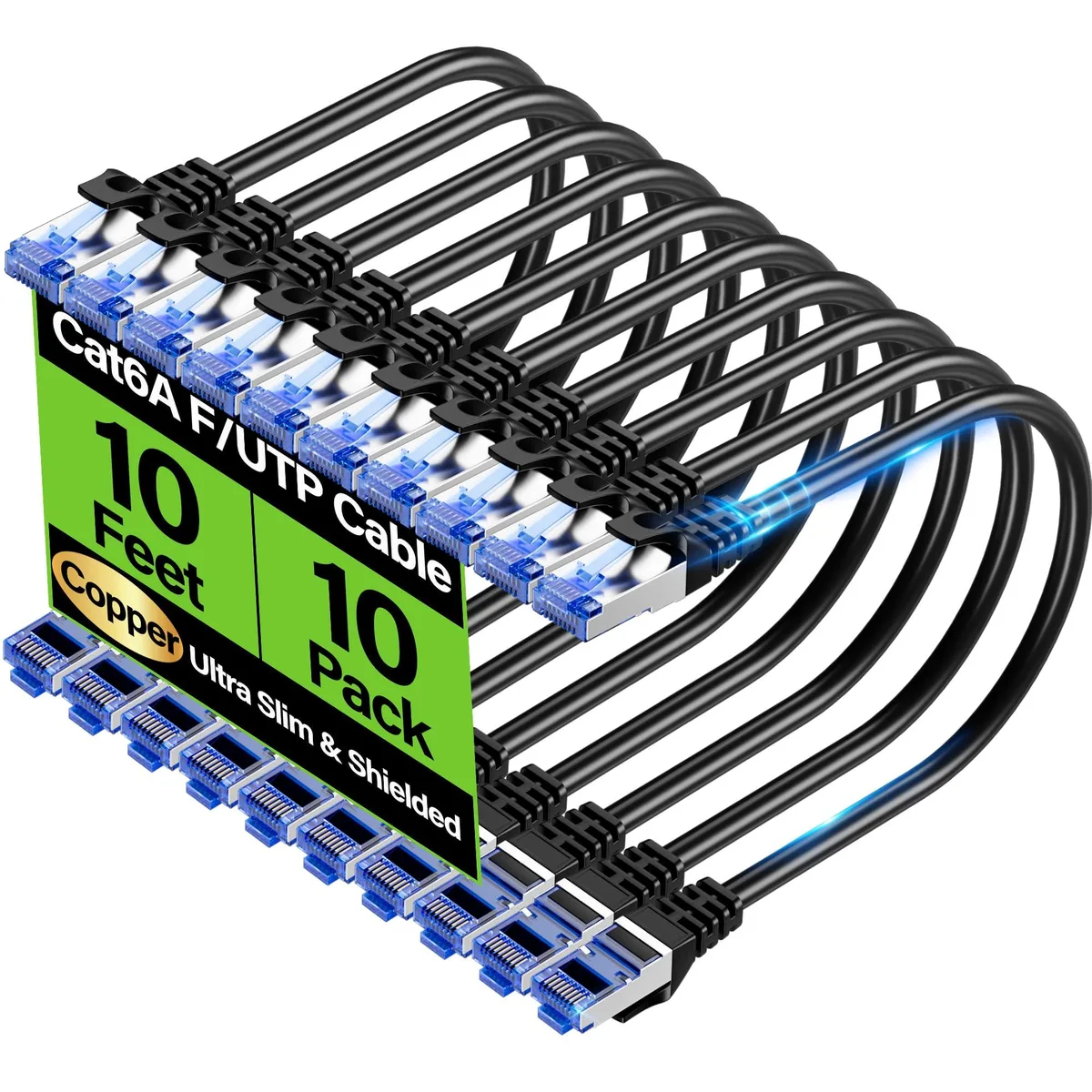 TuokaJu Cat6A Shielded Ethernet Cable 10 ft 10-Pack Black 28AWG 4.5mm — product photo
