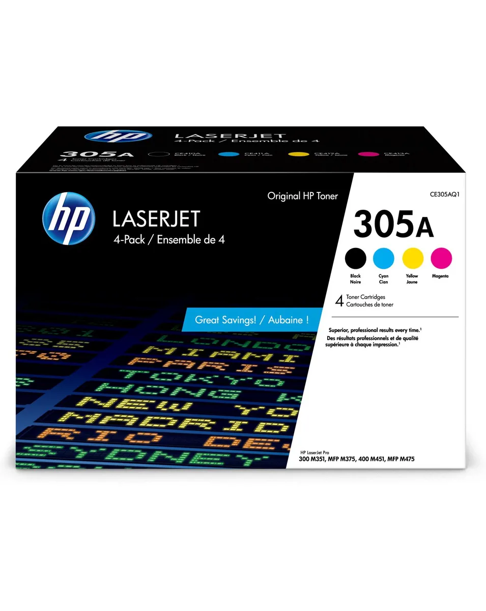 HP HP HEWCE305AQ1 305A 4-pack toner cartridges (genuine brands) — product photo