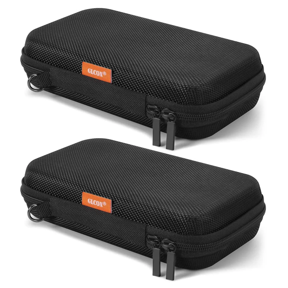 Black rectangular hard-shell zipper case with textured EVA finish, compact hand-held size