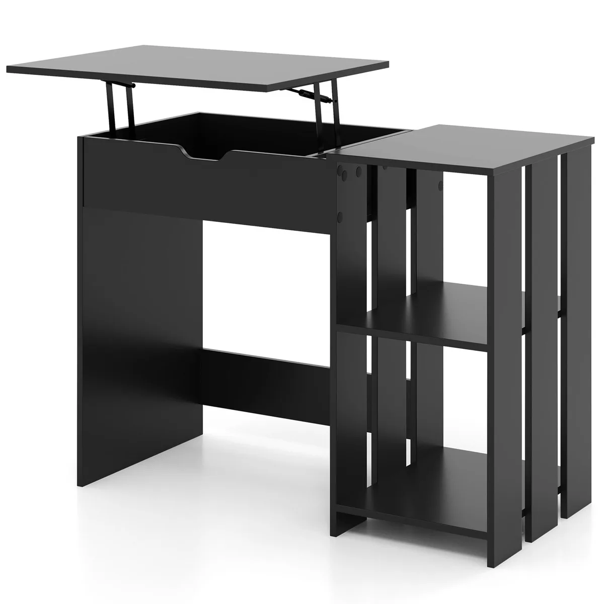 Black engineered wood desk with lift top and open shelves