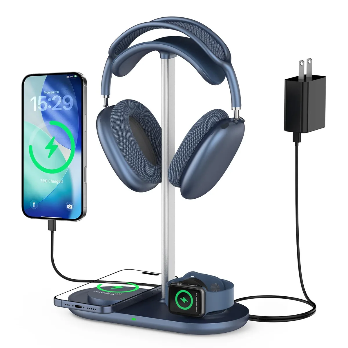  TopMade HM28 3-in-1 Headphone Stand Blue 15W Wireless Charger — product photo