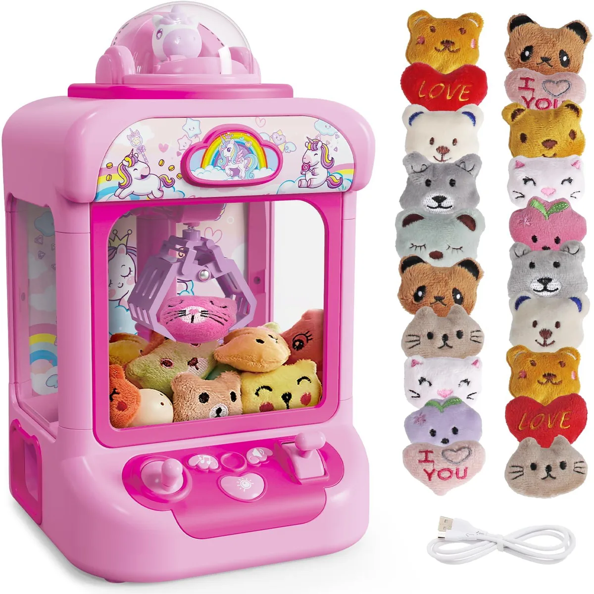 Pink unicorn claw machine with two joysticks and twenty plush toys inside
