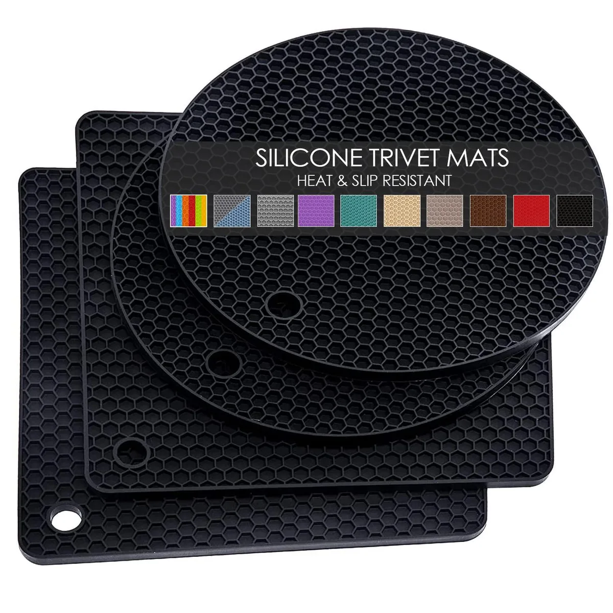 Four black silicone trivets stacked together, flexible mat form factor with textured non-slip surface