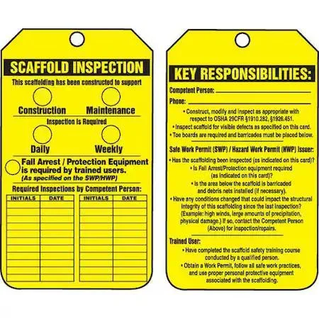 Pack of 25 rectangular plastic scaffold inspection tags with brass grommets