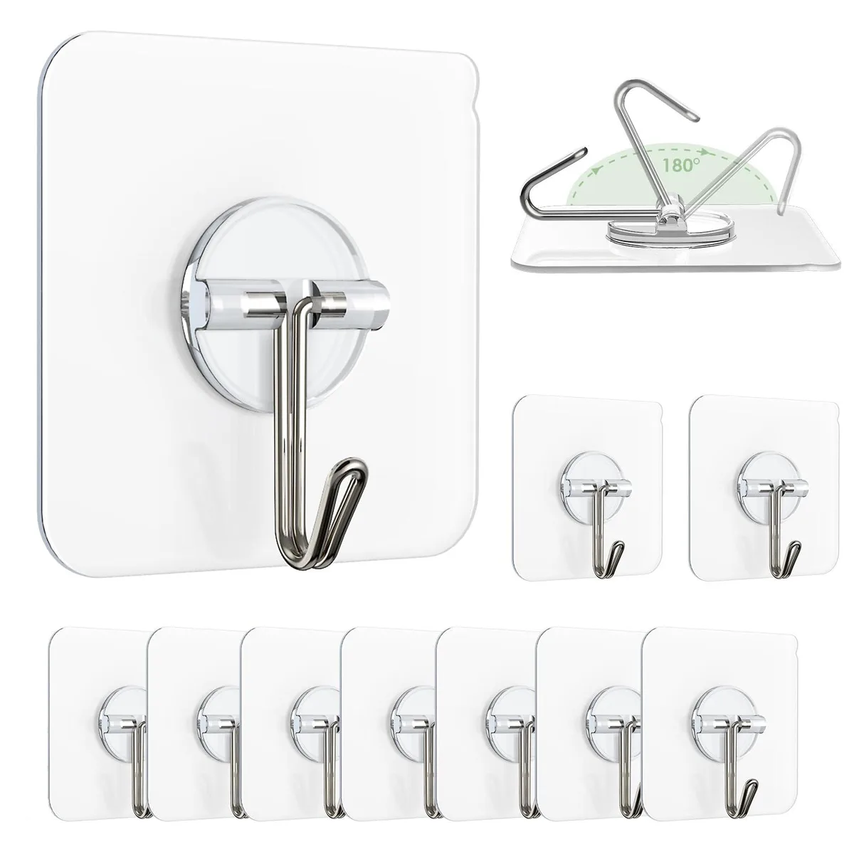 Ten clear square adhesive hooks with stainless steel fronts on a backing sheet
