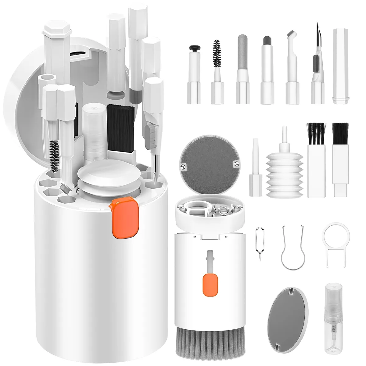 White rectangular cleaning kit case with multiple brushes and tools visible