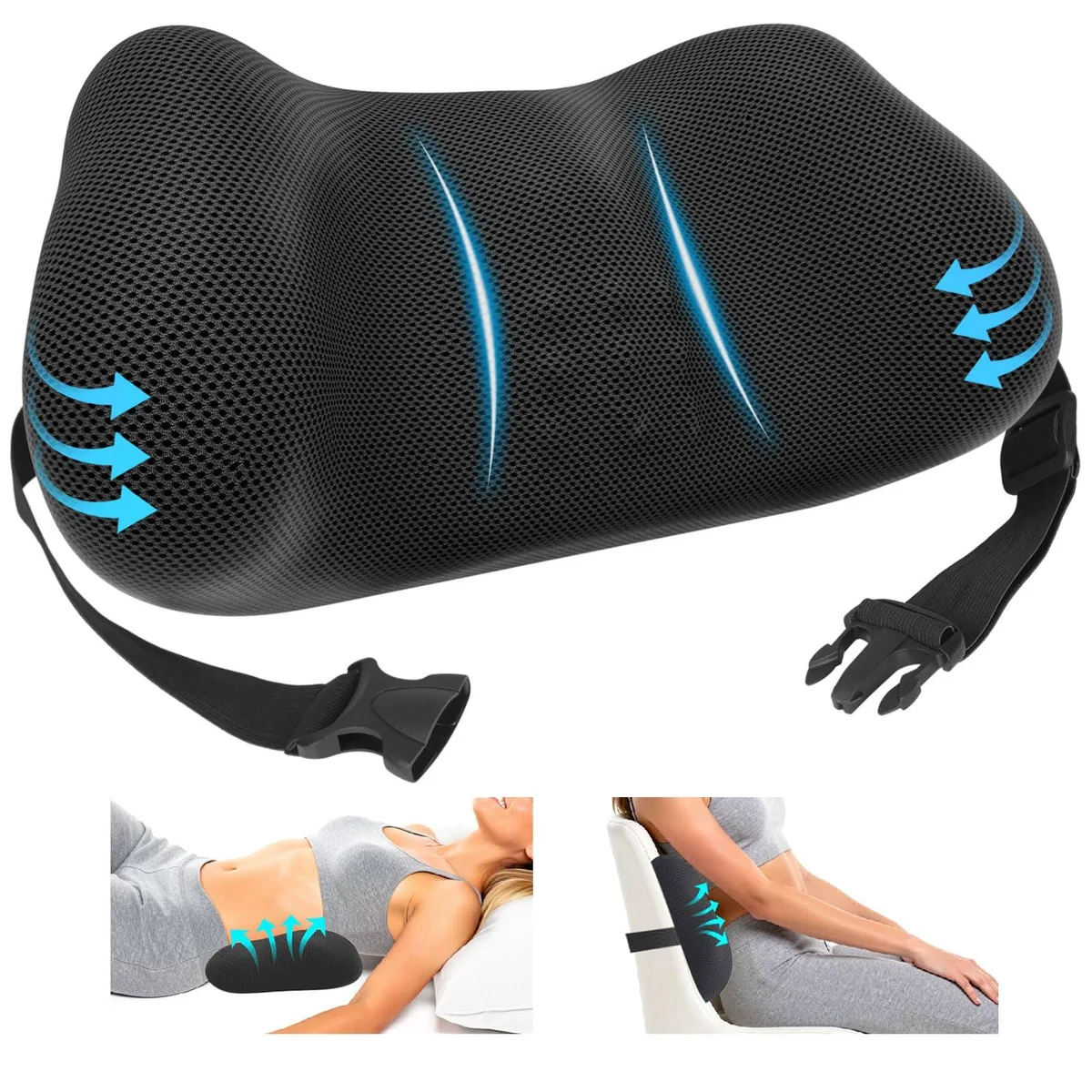 Black C-shaped lumbar pillow with adjustable strap and breathable cover