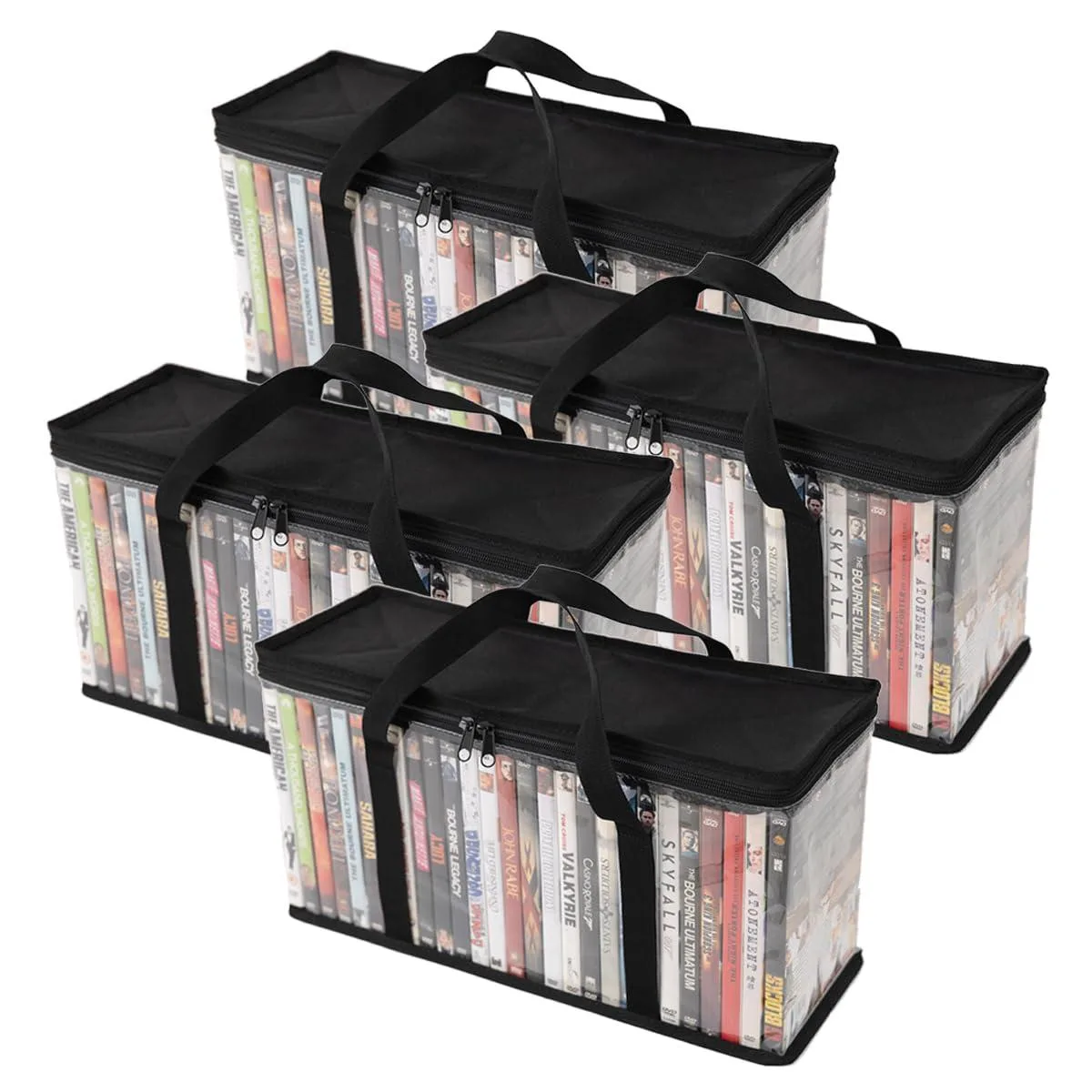 Four black and clear PVC media bags with handles, zippered, stacked flat