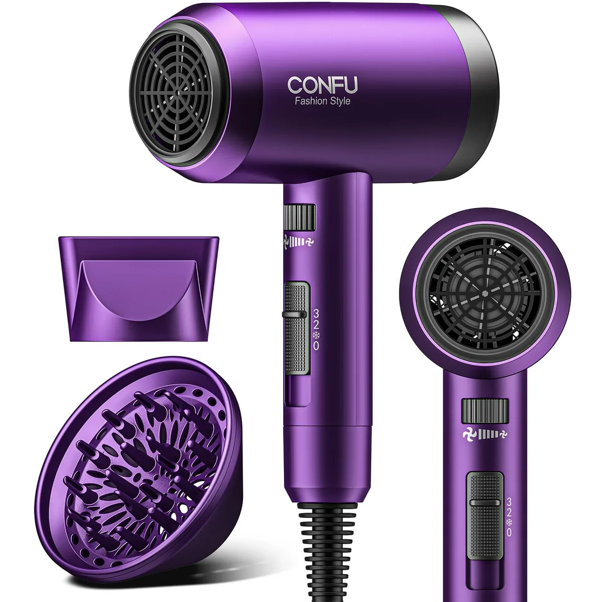 Purple ionic hair dryer with diffuser and concentrator nozzles, compact lightweight design