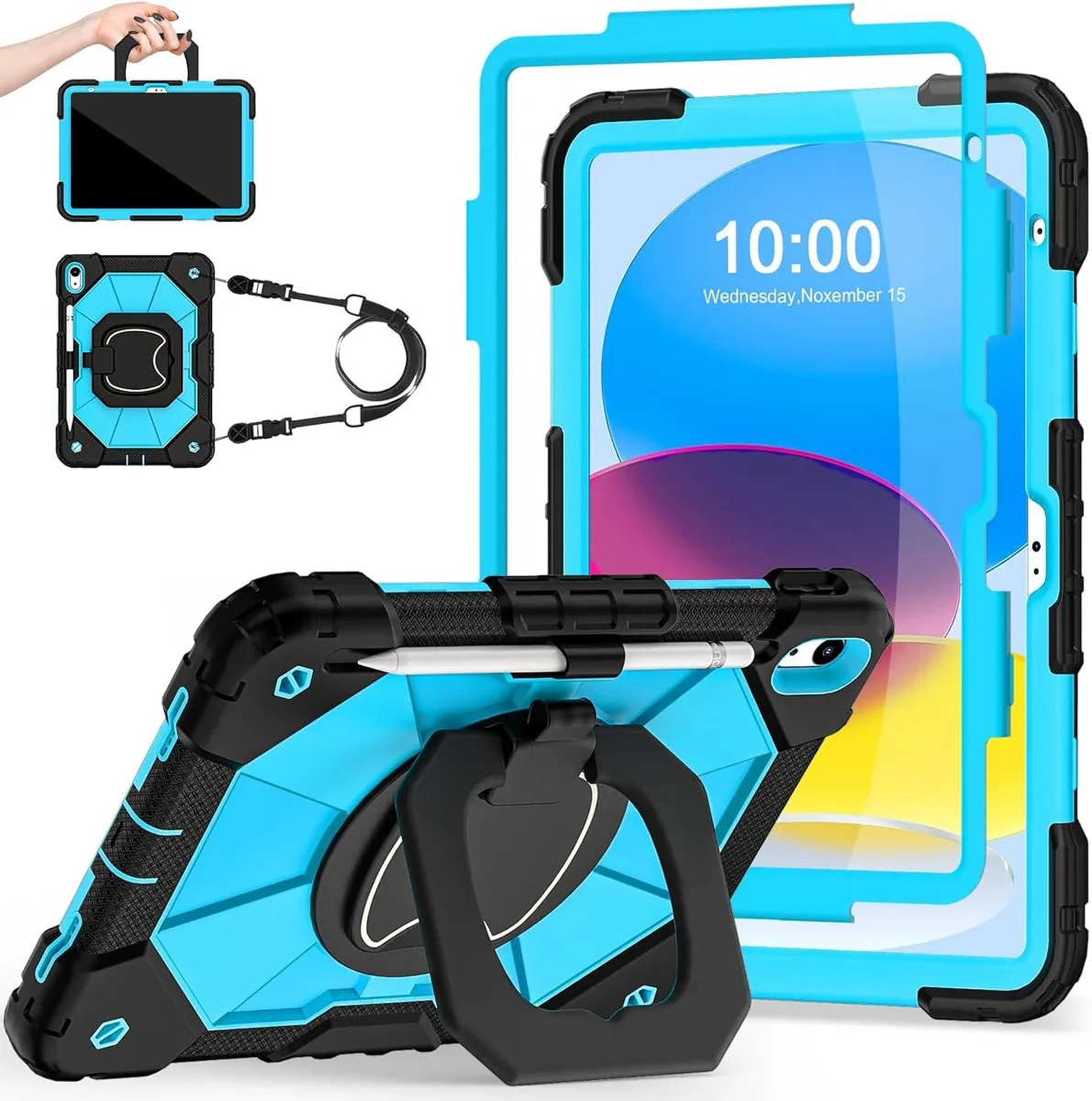 Leelbox Leelbox iPad 10th/11th Gen Case with Screen Protector Rotating Stand Strap Black Blue — product photo