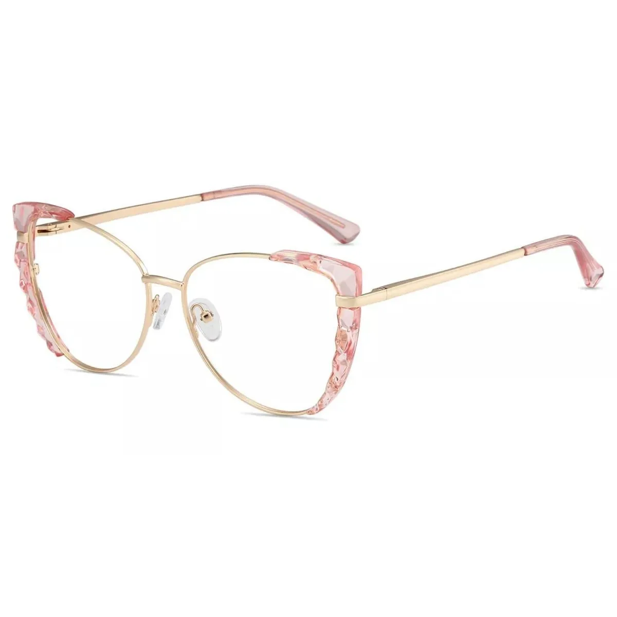 Gold cat-eye reading glasses with pink accents, metal frame, adjustable nose pads, 2.0x magnification