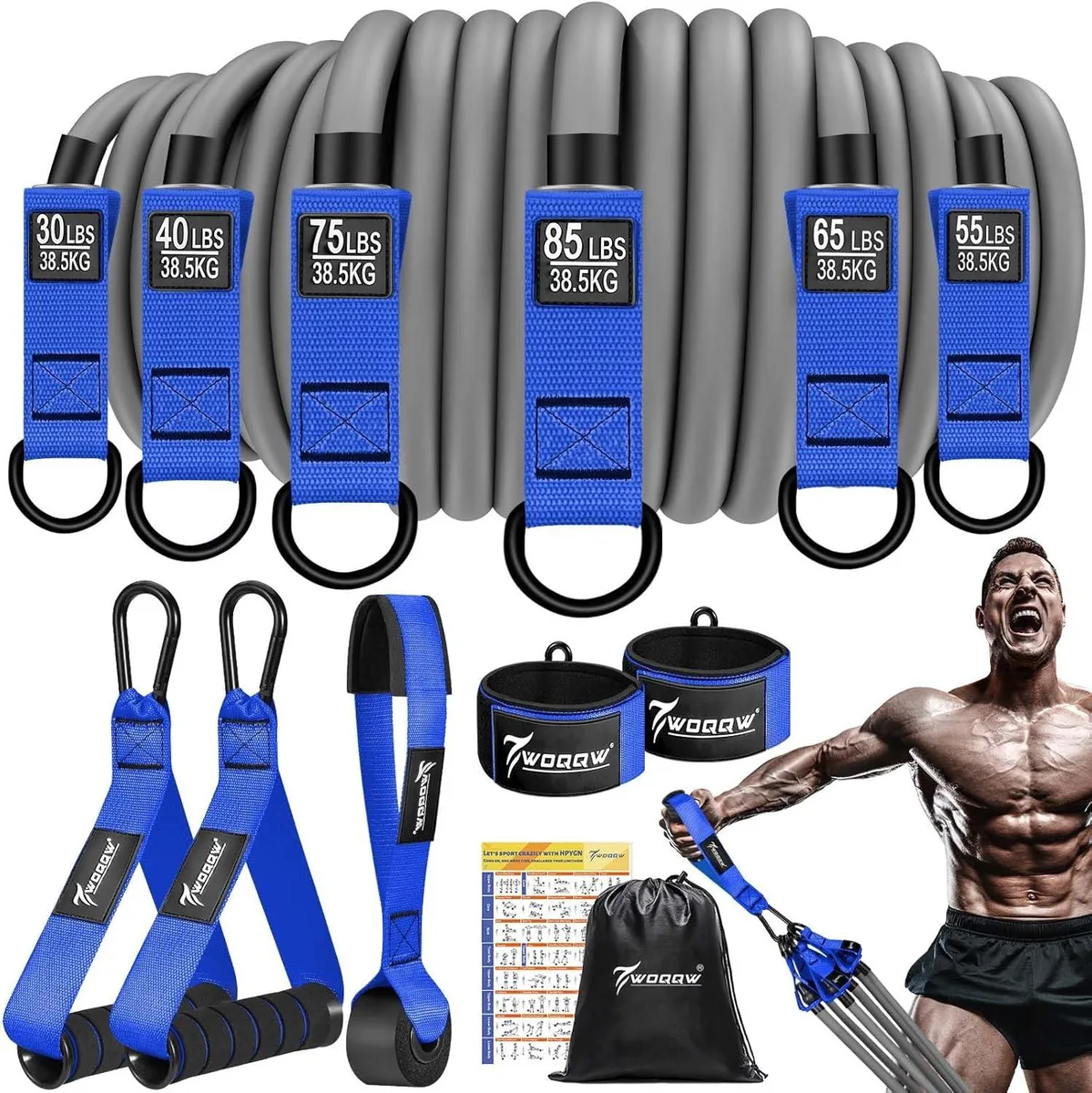 A set of six colour-coded latex resistance bands with handles, door anchor and ankle straps laid flat