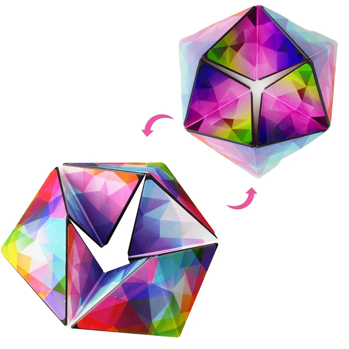 A plastic kaleidocycle fidget cube with hinged tetrahedrons that flip and fold