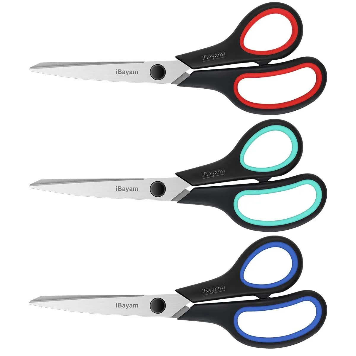 Three pairs of 8.5 inch stainless steel scissors with blue comfort-grip handles
