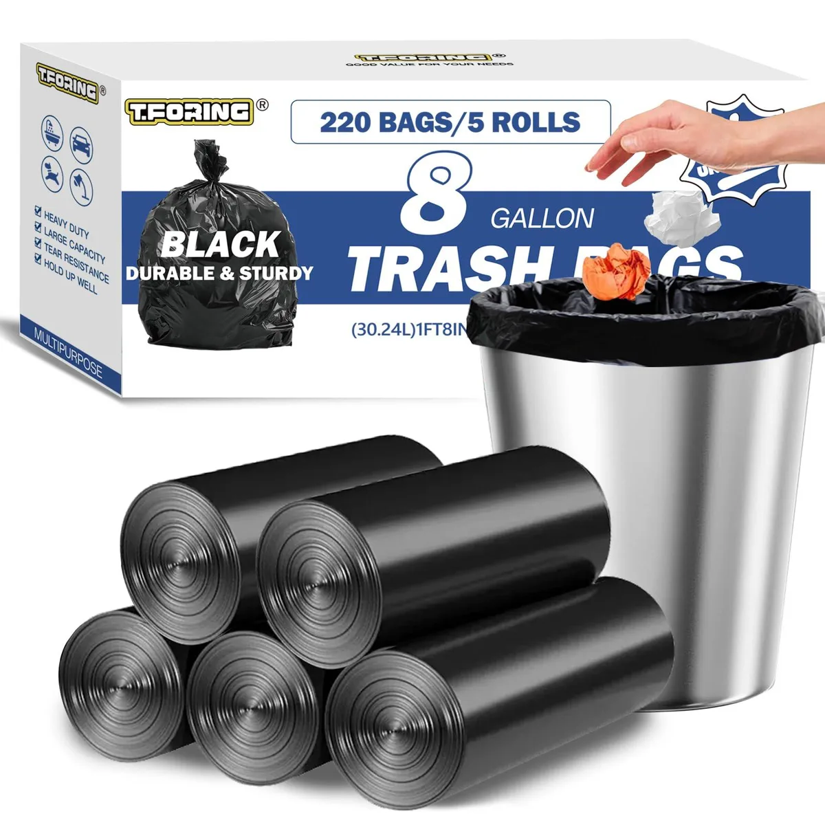  T.FORING 8 Gallon Heavy Duty Trash Bags 0.94 Mil Black 220 Count — product photo