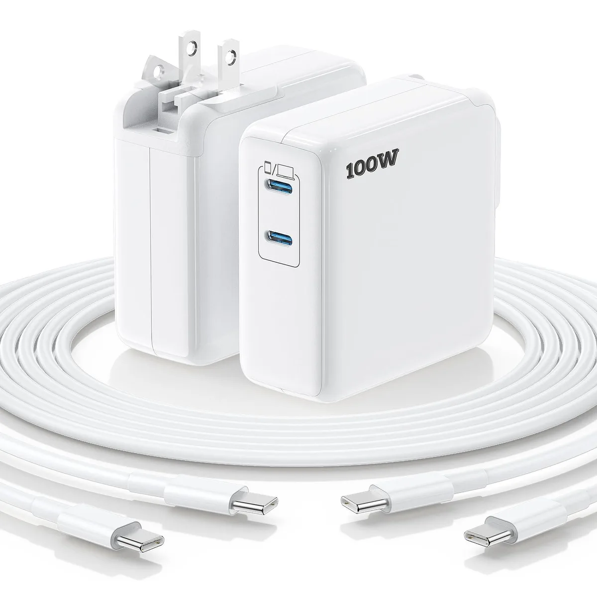 Two white USB-C chargers with foldable plugs plus 6ft and 10ft cables