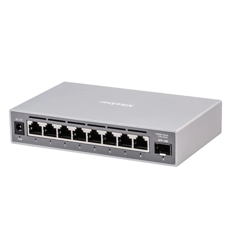 Silver metal desktop switch with eight RJ45 ports and one SFP+ uplink
