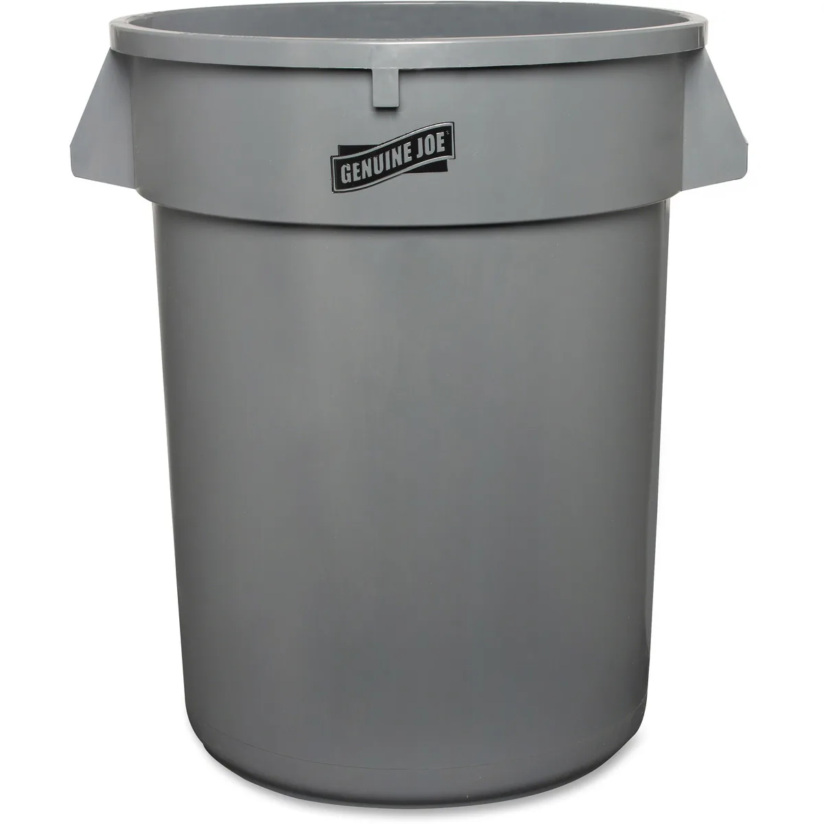 Gray 32-gallon cylindrical trash container with side handles and molded base rings