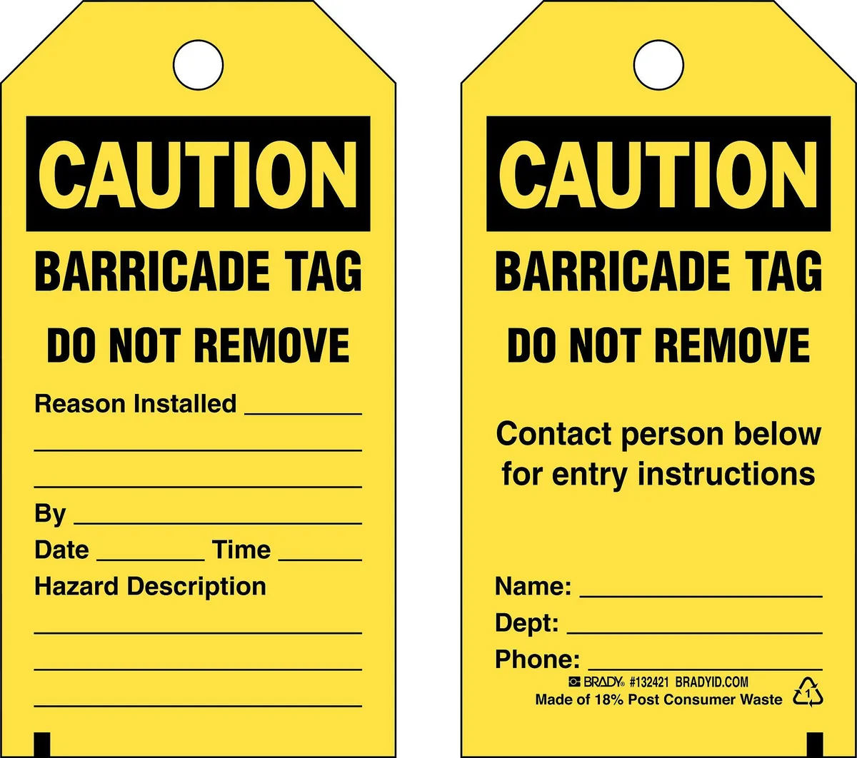 Rectangular polyester caution tags with lockout legends, pack of 25