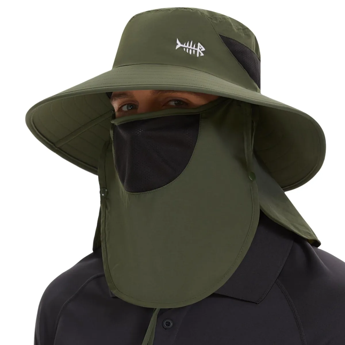  BASSDASH UPF 50+ Bucket Hat with Removable Face Cover &amp; Neck Flap Army Green — product photo