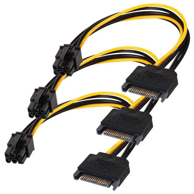 Three yellow and black SATA 15 pin to 6 pin power cables 20cm