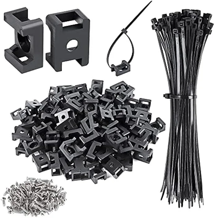 Black nylon cable tie saddle mounts with zip ties and tapping screws, 100 sets