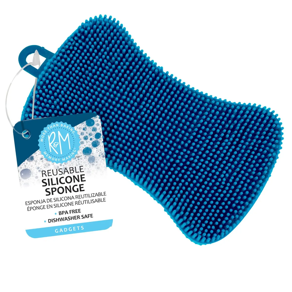 Blue rectangular silicone sponge measuring 5 by 2.75 inches
