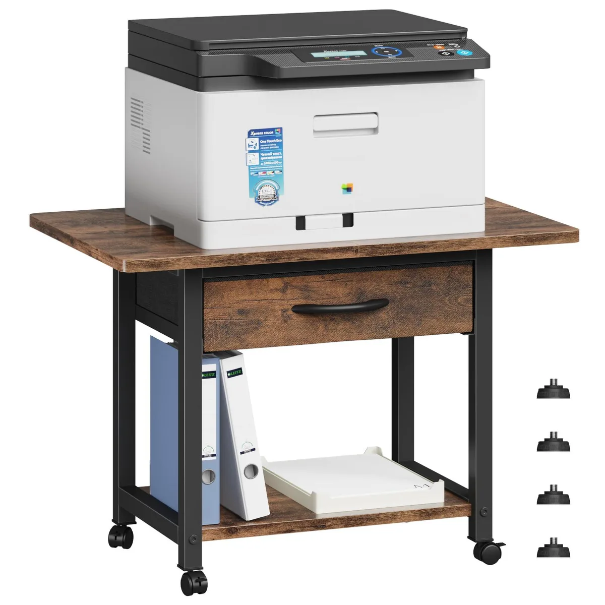 Brown two-tier rolling printer cart with fabric drawer and four lockable casters