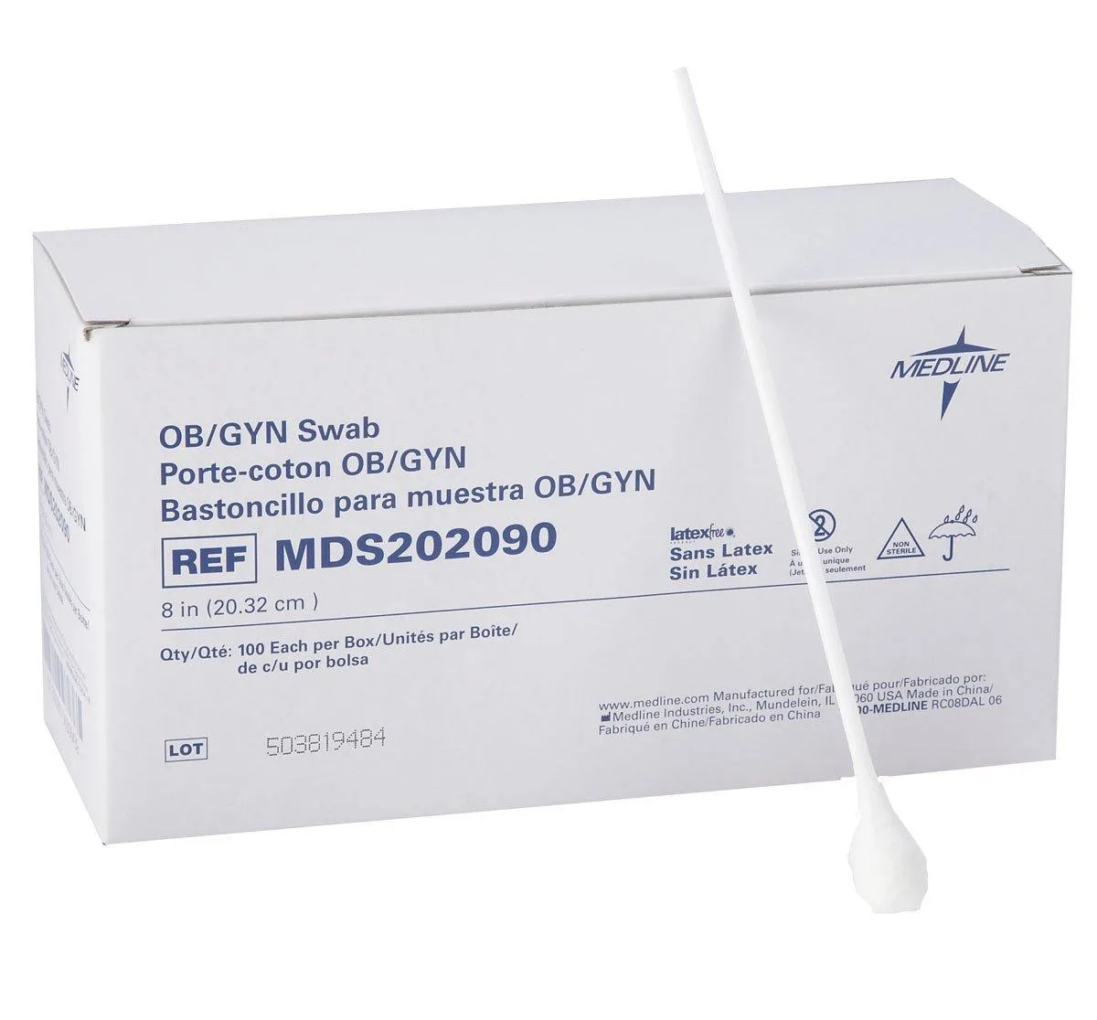 White box of 100 non-sterile rayon-tipped swabs with plastic shafts, 8 inches long
