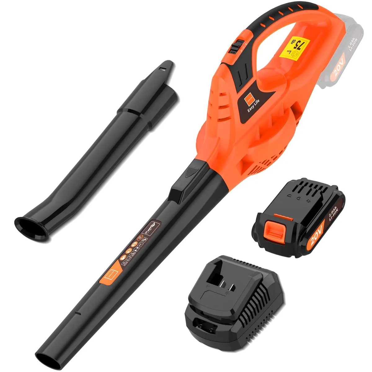 Orange handheld cordless leaf blower with battery and charger visible