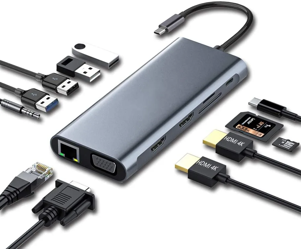 NShi NShi 12-in-1 USB 3.1 Type C Docking Station Dual 4K HDMI VGA PD 100W Gigabit Ethernet — product photo