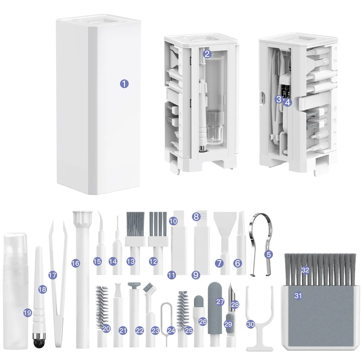 White cuboid case holding 32 cleaning tools including brushes, swabs, tweezers and cloths