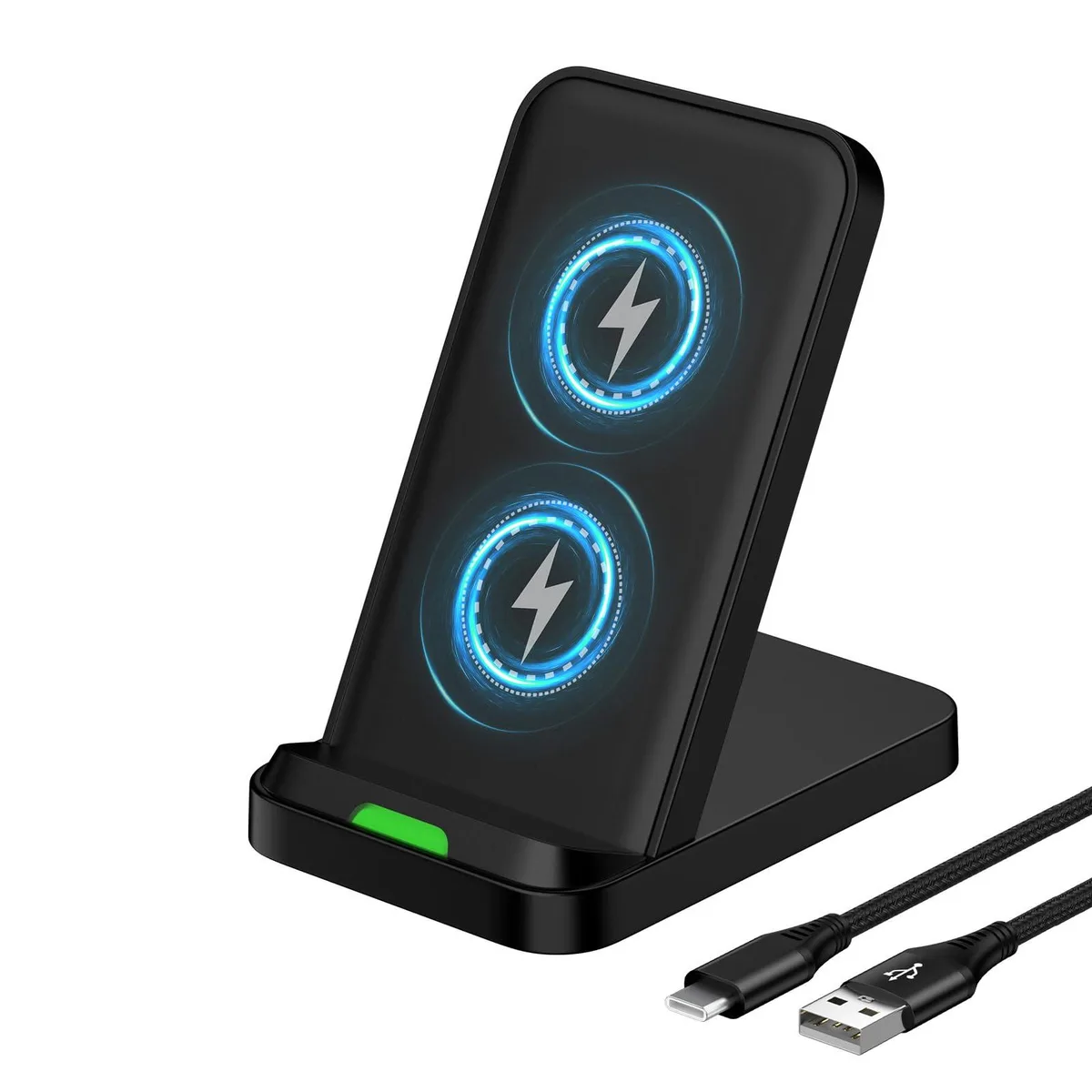 White wireless charging stand with dual coils and non-slip base