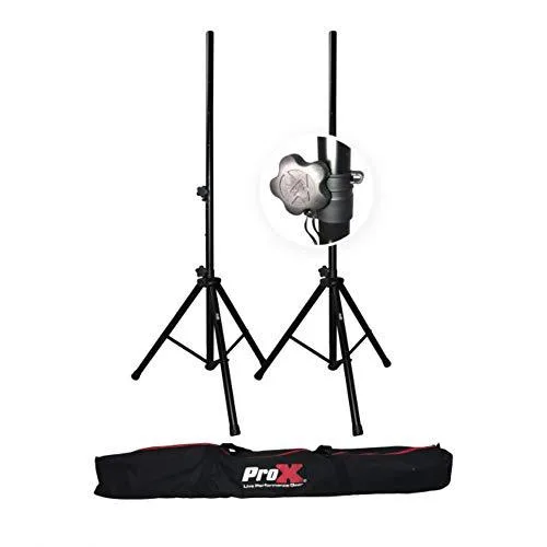 Two silver speaker tripod stands folded inside a black carry bag