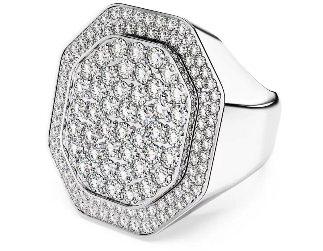 Swarovski Dextera cocktail ring, octagonal white rhodium-plated face with pave crystals and stone frame