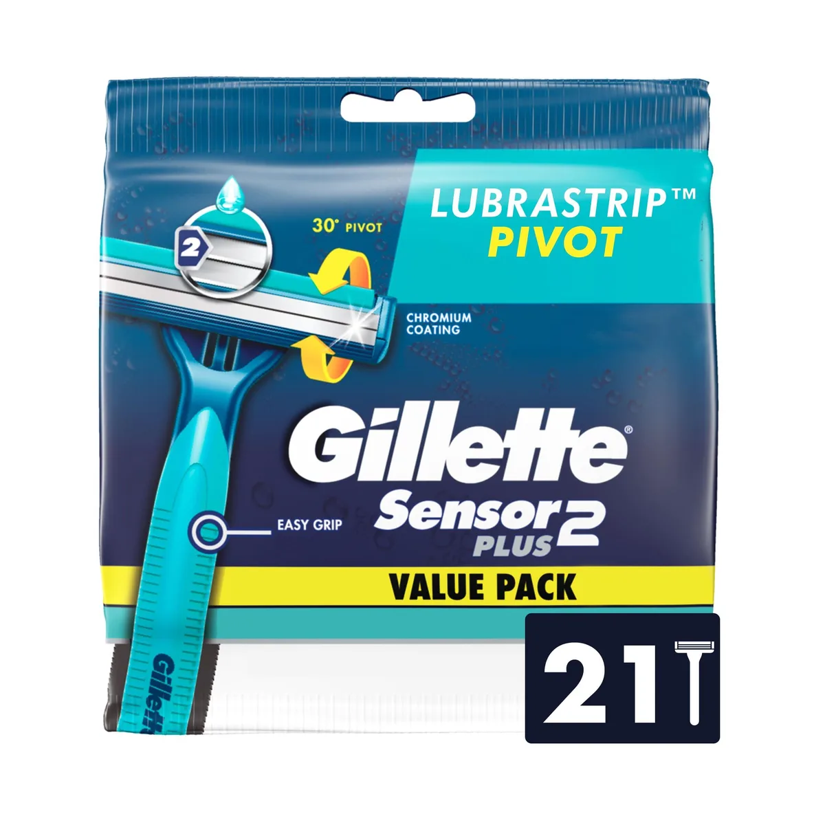 Pack of 21 blue disposable razors with pivoting heads and soft grip handles