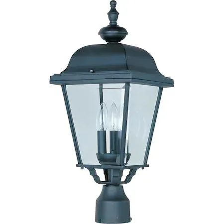 Black three-light outdoor pole mount lantern, 9 inches wide
