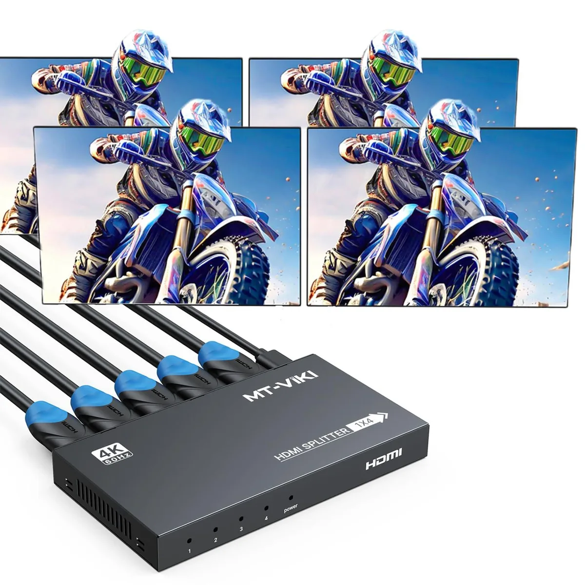 Compact black metal box with one HDMI input and four HDMI outputs on the rear panel