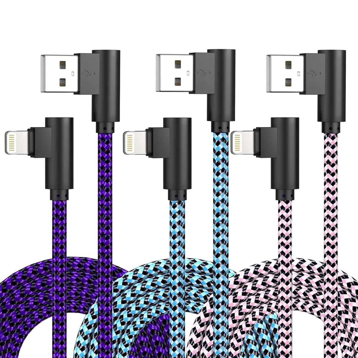 Three white 10 ft Lightning cables with 90° connectors in braided nylon finish