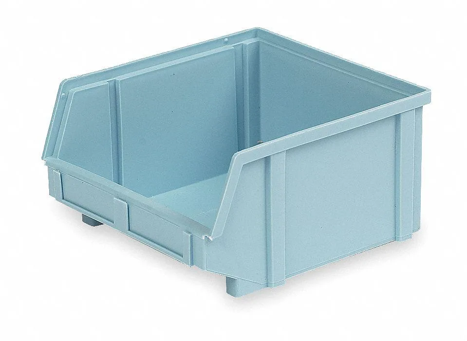 Light blue plastic storage bin, hang and stack design, label holder, rectangular shape
