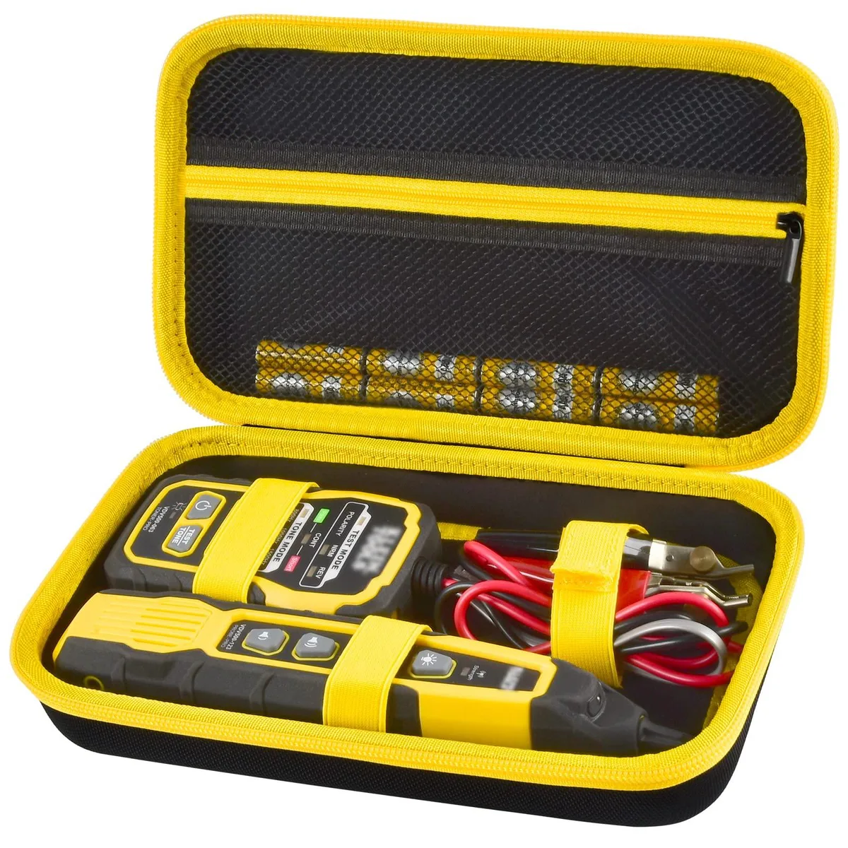 Black hard-shell business case with handle and elastic tool straps