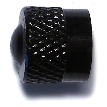 Ten black valve caps in clear packaging