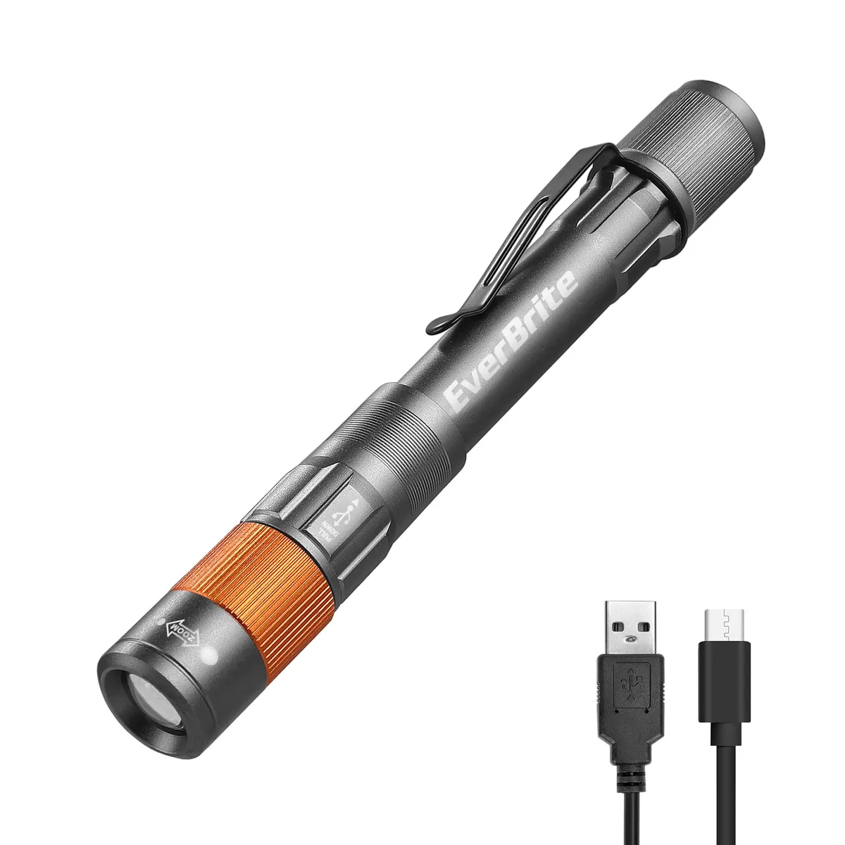 Black pen-style flashlight with pocket clip and USB-C port